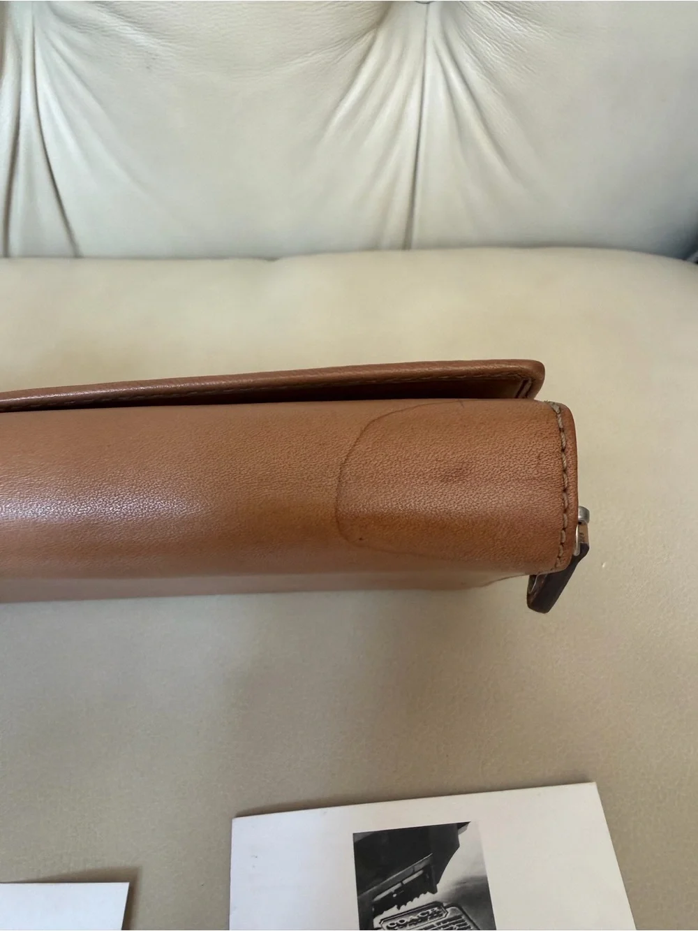 Vintage Coach Tan Camel Leather Trifold Wallet Zip With Original Coach Cards